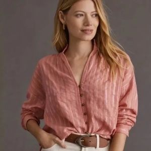 NWT Pilcro Anthropologie The Tavi Button Down Coral Metallic Thread Blouse